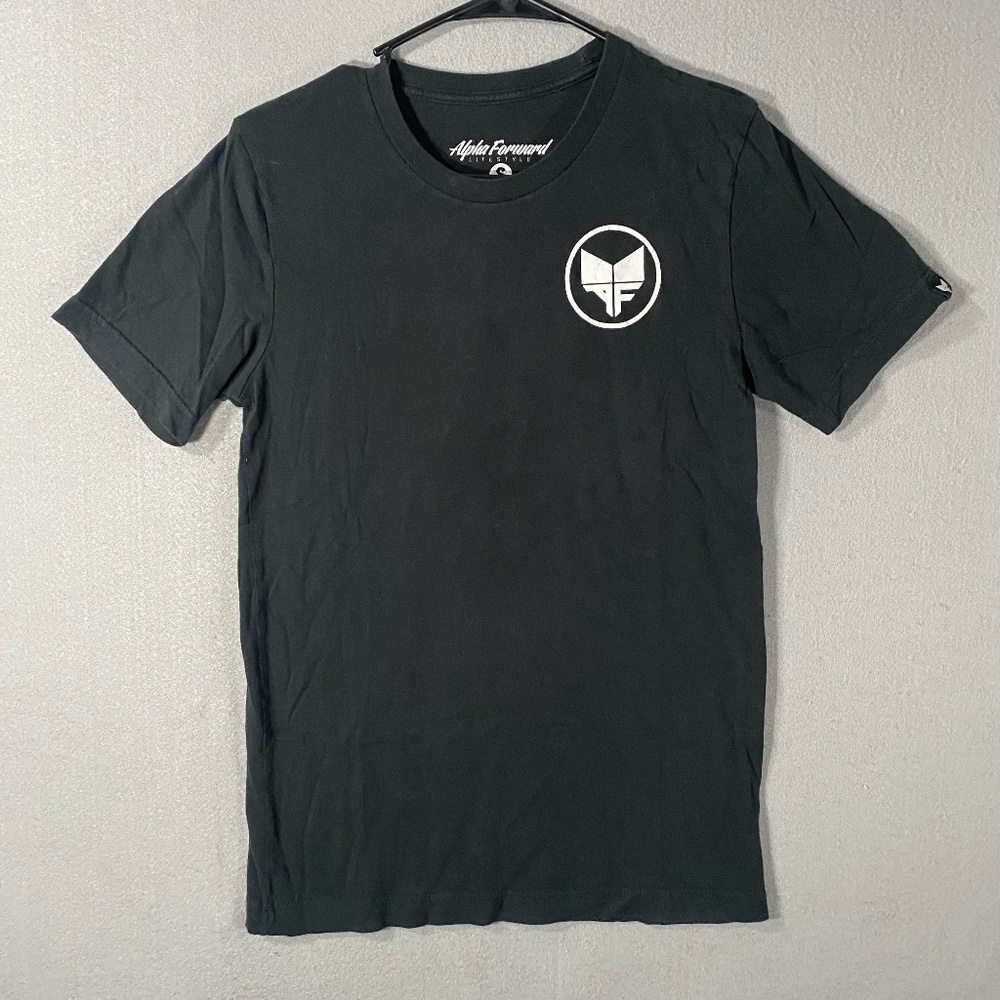 Alpha Forward Attack The Day Logo Short Sleeve Black T Shirt Womans Size Small